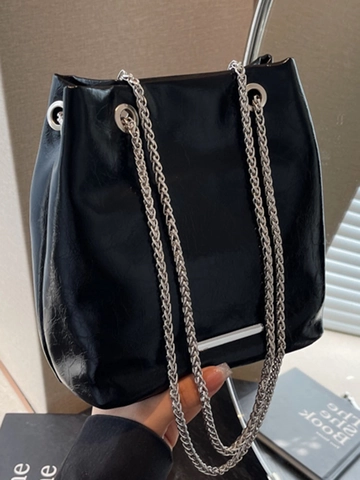 Damen Große Eimertasche Schultertasche Minimalistische PU Leder Tote Tasche Mit Silbernen Kettenriemen Urban Fashion Unterarmtasche