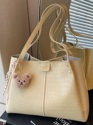 Grand Sac Fourre-Tout à Motif Crocodile pour Femmes Cuir PU Mode Épissage Sac à Bandoulière Sac à Main Style Urbain Avec Pendentif