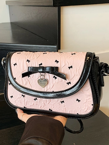 Sweet Pleated Bowknot Print Underarm Bag For Women PU Leather Contrast Color Shoulder Bag With Heart Pendant Chic Daily Bag