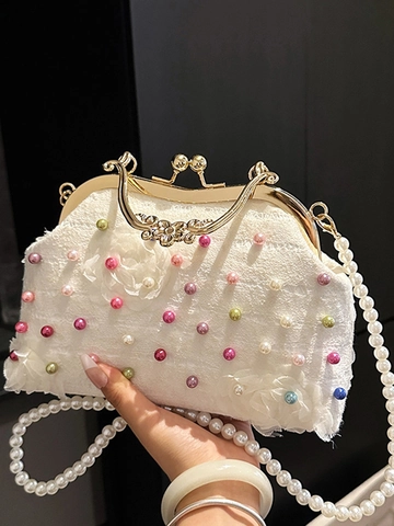 Borsa da Sera Vintage Stile Francese Ricamata con Perle Artificiali e Manico in Metallo Dorato per Matrimonio e Festa Donna