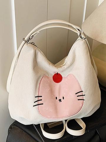 Damen Große Kapazität Tragetasche Süße Cartoon Katze Bestickt Schultertasche Cord Textur Casual Gitter Handtasche Umhängetasche