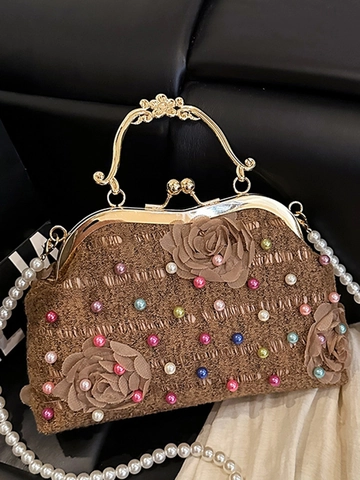 Borsa da Sera Vintage Stile Francese Ricamata con Perle Artificiali e Manico in Metallo Dorato per Matrimonio e Festa Donna
