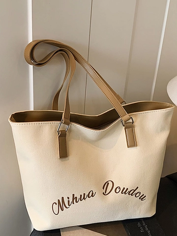 Borsa Tote in Tela da Donna Grande Capacità Estate Minimalista Stampa di Lettere Borsa a Spalla per Lavoro Università Quotidiana