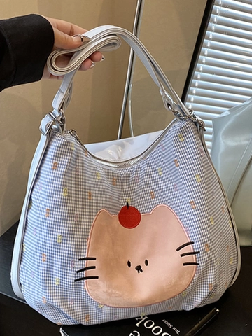 Damen Große Kapazität Tragetasche Süße Cartoon Katze Bestickt Schultertasche Cord Textur Casual Gitter Handtasche Umhängetasche