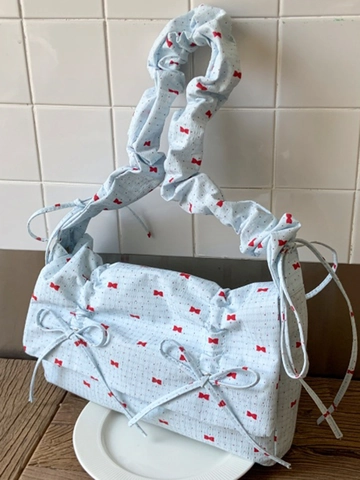 Borsa a Spalla in Tessuto Stile Giapponese con Stampa a Fiori e Fiocchi Tracolla Arricciata Borsa Sottobraccio Donna Casual