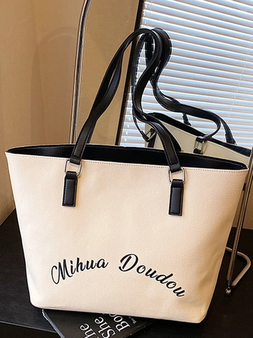 Borsa Tote in Tela da Donna Grande Capacità Estate Minimalista Stampa di Lettere Borsa a Spalla per Lavoro Università Quotidiana