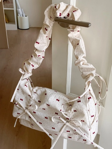 Sweet Japanese Style Floral Bow Print Fabric Shoulder Bag Ruffled Scrunchie Strap Underarm Bag For Women Daily Casual