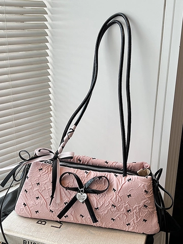Borsa a Spalla Donna Dolce Fiocco Trama Plissettata Ciondolo a Cuore Borsa da Ascella Moda Stampa a Fiocchi Borsa da Lavoro