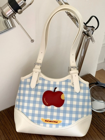 Cute Apple Gingham Shoulder Bag For Women PU Leather Underarm Bag Summer Trendy Korean Style Casual Commuting Tote Bag