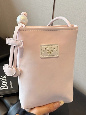 Damen Mini PU Leder Handytasche Mit Perle Herzanhänger Schleife Label Einfach Frisch Umhängetasche Kleine Geldbörse