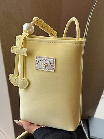 Damen Mini PU Leder Handytasche Mit Perle Herzanhänger Schleife Label Einfach Frisch Umhängetasche Kleine Geldbörse