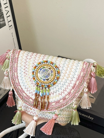 Bohemian Ethno-Stil Gewebe Schultertasche Mit Quasten Perlen Umhängetasche Handy Tasche Für Damen Strand Urlaub