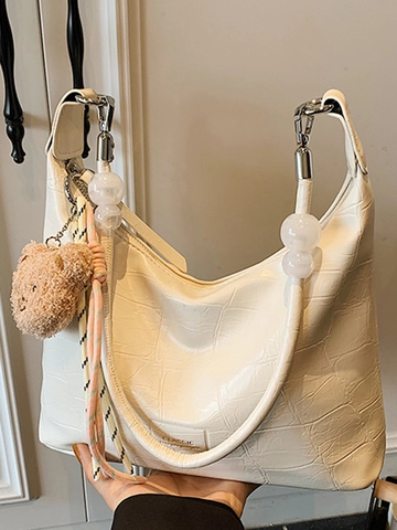 Bolso de Hombro de Cuero PU con Patrón de Cocodrilo para Mujer con Colgante de Oso Correa de Cuentas Grandes Bolso Hobo Minimalista Coreano para Uso Diario