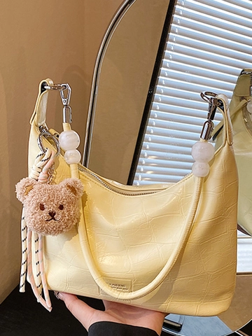 Bolso de Hombro de Cuero PU con Patrón de Cocodrilo para Mujer con Colgante de Oso Correa de Cuentas Grandes Bolso Hobo Minimalista Coreano para Uso Diario