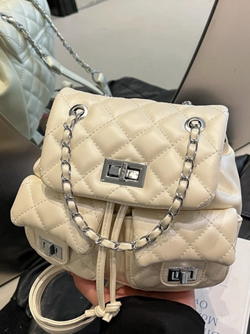 Sac à Dos Matelassé Losange Mode pour Femmes Sac d'École en Cuir PU Décontracté Avec Chaîne en Métal Surpiqûres Multi Poches