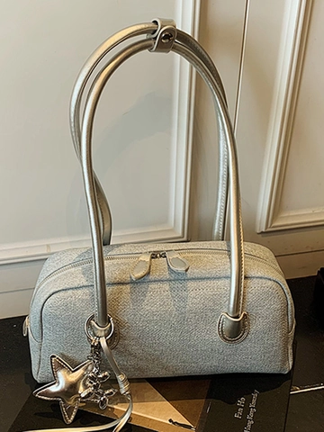 Minimalist PU Leather Shoulder Bag For Women Solid Color Boston Bag With Star Pendant Elegant Underarm Bag For Daily Outing