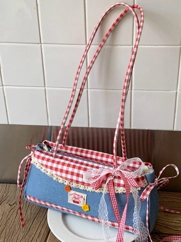 Sac à Bandoulière Denim Patchwork Vichy Cerise Pour Femmes Dentelle Nœud Doux Sac Sous Le Bras Rétro Plaid Décontracté Carré