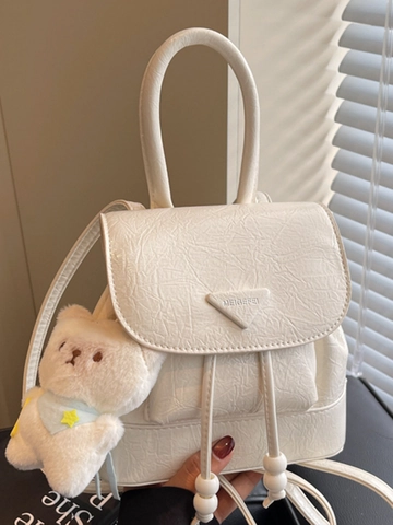Vintage Fashion PU Leather Mini Backpack For Women Chic Pleated Texture Casual Travel Daypack With Plush Bear Accessory