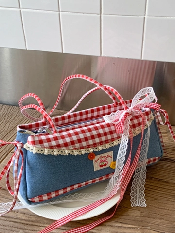 Sac à Bandoulière Denim Patchwork Vichy Cerise Pour Femmes Dentelle Nœud Doux Sac Sous Le Bras Rétro Plaid Décontracté Carré