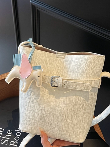 Women Litchi Pattern PU Leather Bucket Bag Minimalist Shoulder Crossbody Bag Elegant Urban Simple Daily Handbag