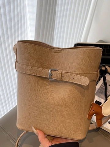 Women Litchi Pattern PU Leather Bucket Bag Minimalist Shoulder Crossbody Bag Elegant Urban Simple Daily Handbag