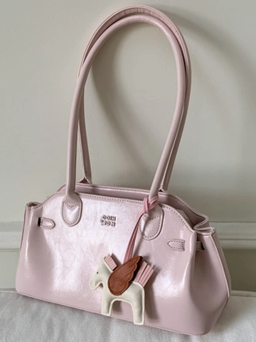 2025 Summer New Fashion PU Leather Shoulder Bag Bowling Underarm Bag With Horse Charm Elegant Gentle Style Handbag For Women