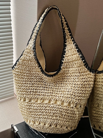 Women Large Capacity Straw Woven Tote Bag Hollow Out Summer Beach Shoulder Bag Contrast Trim Casual Vacation Handbag