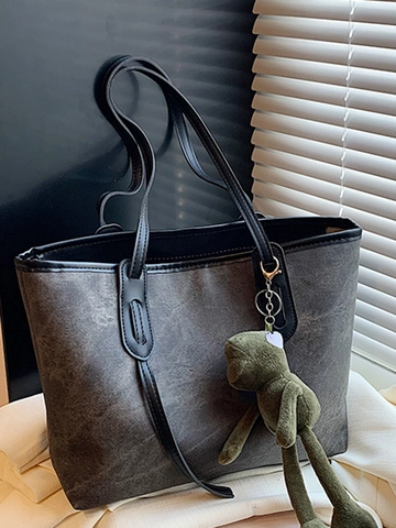 Borsa Tote da Donna in PU Grande Capacità Moda Urban Chic Motivo Marmorizzato Borsa a Spalla Con Ciondolo Rana Casual Pendolare