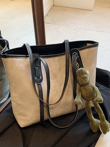 Borsa Tote da Donna in PU Grande Capacità Moda Urban Chic Motivo Marmorizzato Borsa a Spalla Con Ciondolo Rana Casual Pendolare