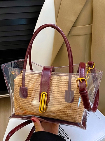 Japanese Style Transparent PVC Jelly Tote Bag Women Summer Straw Woven 2-In-1 Shoulder Bag With Detachable Strap Fashion Handbag