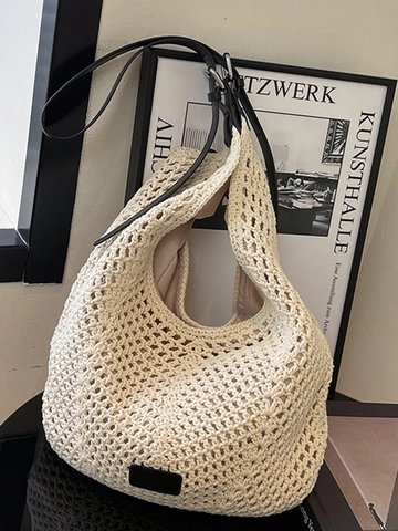 Borsa a Tracolla in Maglia di Grande Capacità da Donna Estate Uncinetto Traforato Hobo Tote Bag Casual Spiaggia Vacanza Borsa