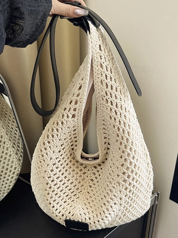 Borsa a Tracolla in Maglia di Grande Capacità da Donna Estate Uncinetto Traforato Hobo Tote Bag Casual Spiaggia Vacanza Borsa