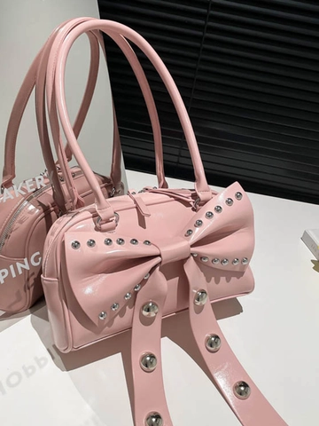 Fashion Women PU Leather Shoulder Bag Large Bowknot Silver Rivet Sweet Punk Y2K Handbag Trendy Daily Messenger Tote Bag