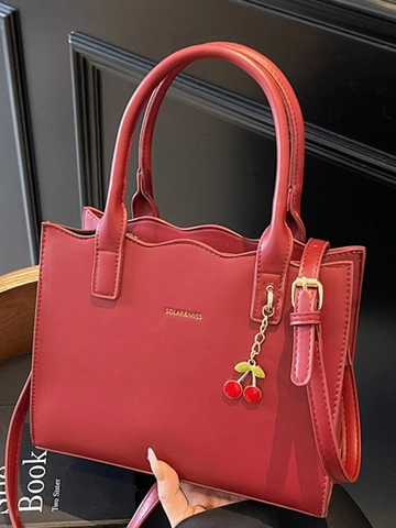Elegante Borsa Tote da Donna in Pelle PU Con Bordi Ondulati e Ciondolo a Ciliegia Borsa a Mano e Tracolla per Matrimoni Quotidiano