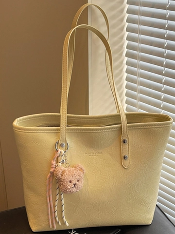 Große Kapazität PU Leder Tote Bag Für Damen Handgeprägte Textur Schultertasche Urban Commute Arbeitstasche Mit Bärenanhänger