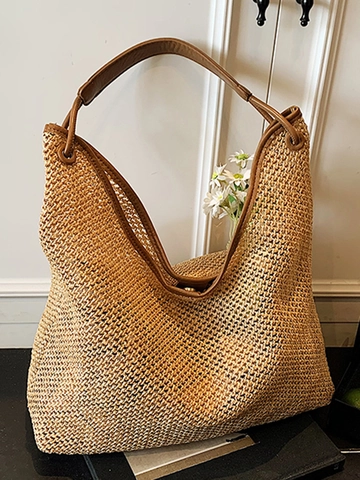 Retro Stroh Gewebte Tragetasche Große Kapazität Ausgehöhlt Schultertasche Mit PU Ledergriff Für Damen Sommer Strand Urlaub