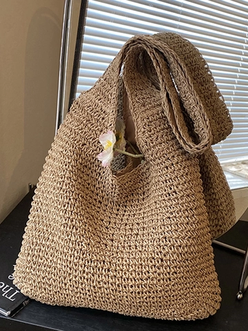 Borsa Tote in Paglia Intrecciata Stile Resort da Donna Borsa a Tracolla Intrecciata a Mano di Grande Capacità con Chiusura Magnetica