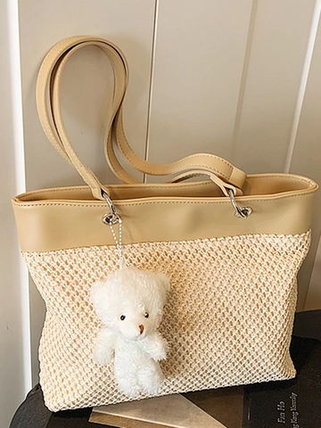 Damen Patchwork Stroh Gewebte Tragetasche Große Kapazität Schultertasche Mit Plüschanhänger Lässig Strand Handtasche