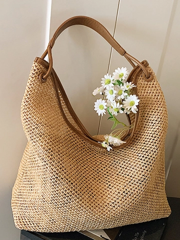 Retro Stroh Gewebte Tragetasche Große Kapazität Ausgehöhlt Schultertasche Mit PU Ledergriff Für Damen Sommer Strand Urlaub