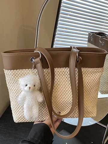 Damen Patchwork Stroh Gewebte Tragetasche Große Kapazität Schultertasche Mit Plüschanhänger Lässig Strand Handtasche