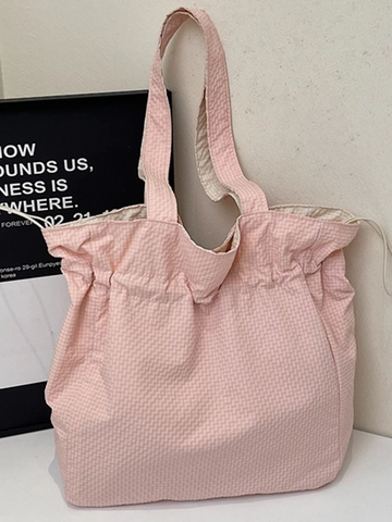 Borsa Tote in Nylon da Donna Grande Capacità Chiusura a Coulisse Texture Seersucker Fodera a Contrasto per Studenti