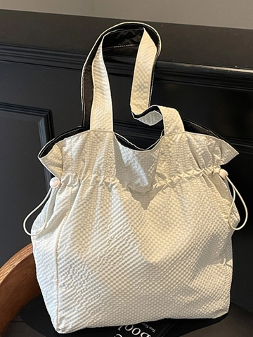 Borsa Tote in Nylon da Donna Grande Capacità Chiusura a Coulisse Texture Seersucker Fodera a Contrasto per Studenti