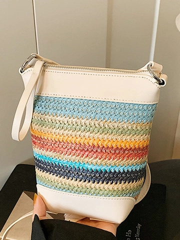 Women Color-blocked Straw Woven Bucket Bag Summer Rainbow Striped Shoulder Bag Bohemian PU Leather Patchwork Crossbody Bag