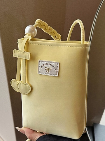 Women Mini Phone Bag PU Leather Crossbody Shoulder Bag Pearl Decoration Heart Pendant Small Square Purse Fashion Daily Top
