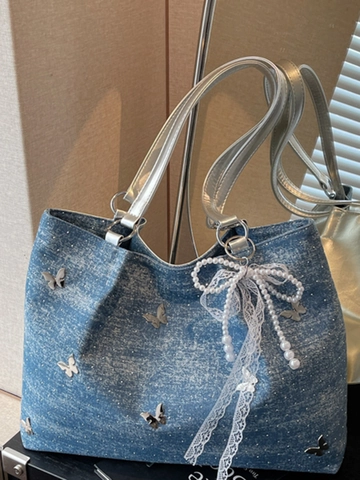 Bolso Tote de Denim con Mariposa de Moda para Mujer 2025 Nueva Tendencia Bolso de Hombro de Gran Capacidad con Amuleto de Perla Artificial y Encaje