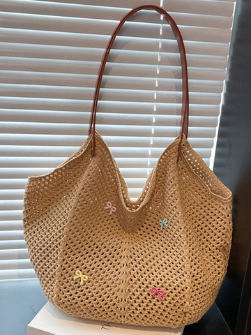 Borsa Tote da Donna in Maglia Traforata Casual Con Fiocchi Colorati Stile Vacanza Francese Borsa a Tracolla da Spiaggia Grande