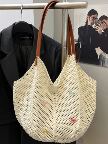 Borsa Tote da Donna in Maglia Traforata Casual Con Fiocchi Colorati Stile Vacanza Francese Borsa a Tracolla da Spiaggia Grande