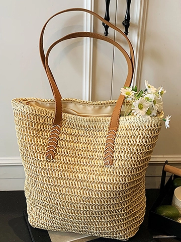 Große Kapazität Stroh Gewebt Tragetasche Damen Sommer Strand Schultertasche Urban Minimalistisch Eimer Handtasche Mit Kunstleder Griffen