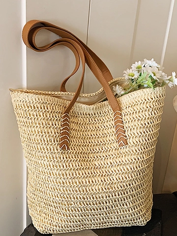 Große Kapazität Stroh Gewebt Tragetasche Damen Sommer Strand Schultertasche Urban Minimalistisch Eimer Handtasche Mit Kunstleder Griffen