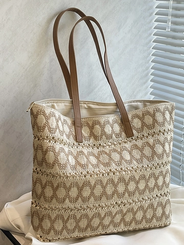 Borsa Tote in Paglia Intrecciata da Donna Grande Capacità Moda Motivo Geometrico Svuotato Borsa a Spalla Estiva da Spiaggia Con Tracolla in PU